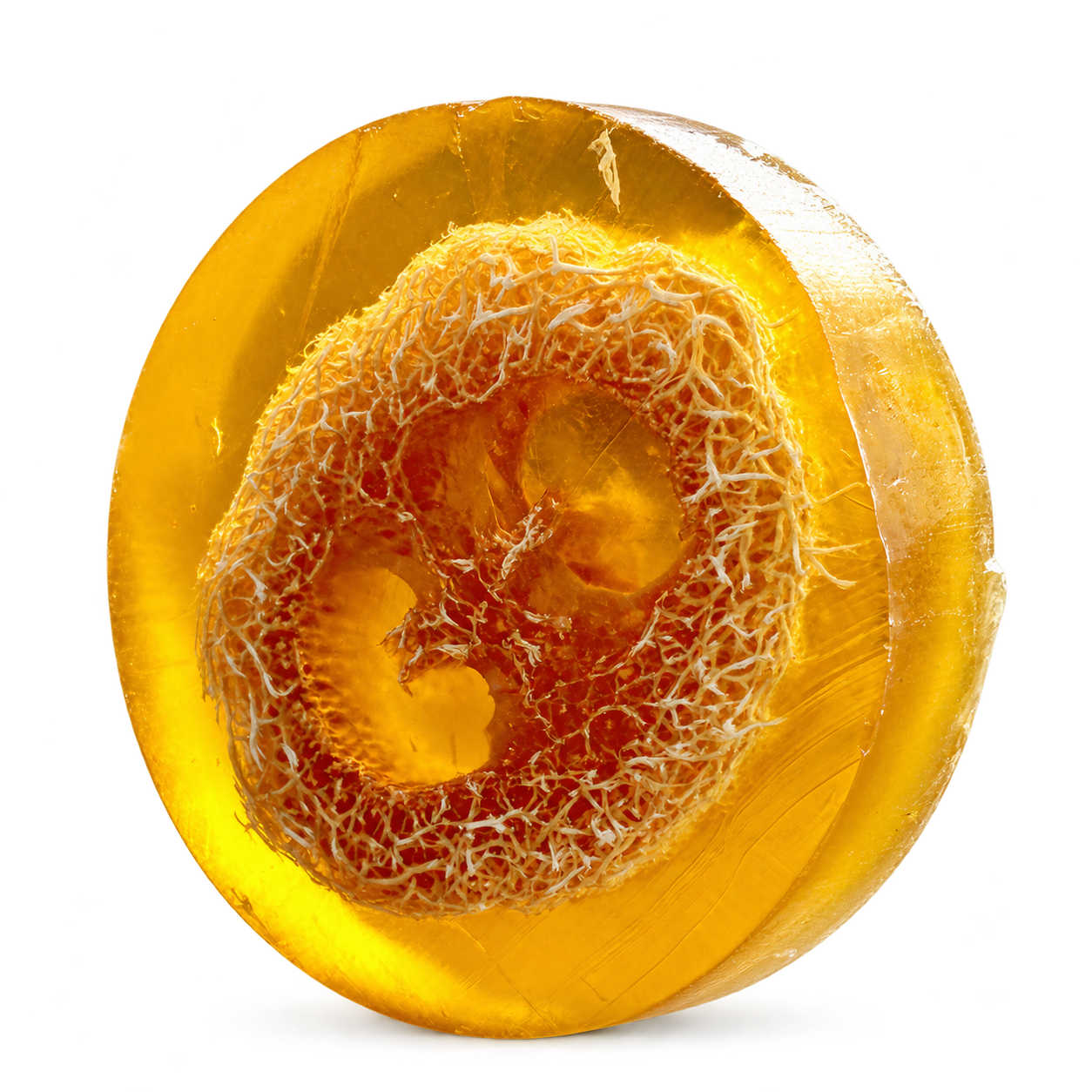 Round amber Lu.Flo vanilla glycerin soap with natural loofah