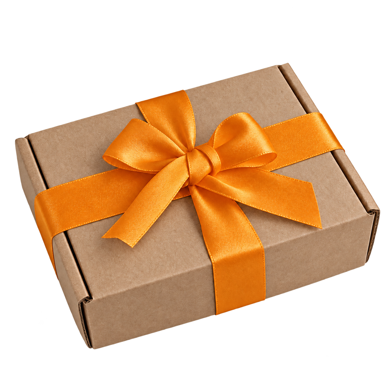 Kraft Lu.Flo gift box with a warm orange satin ribbon