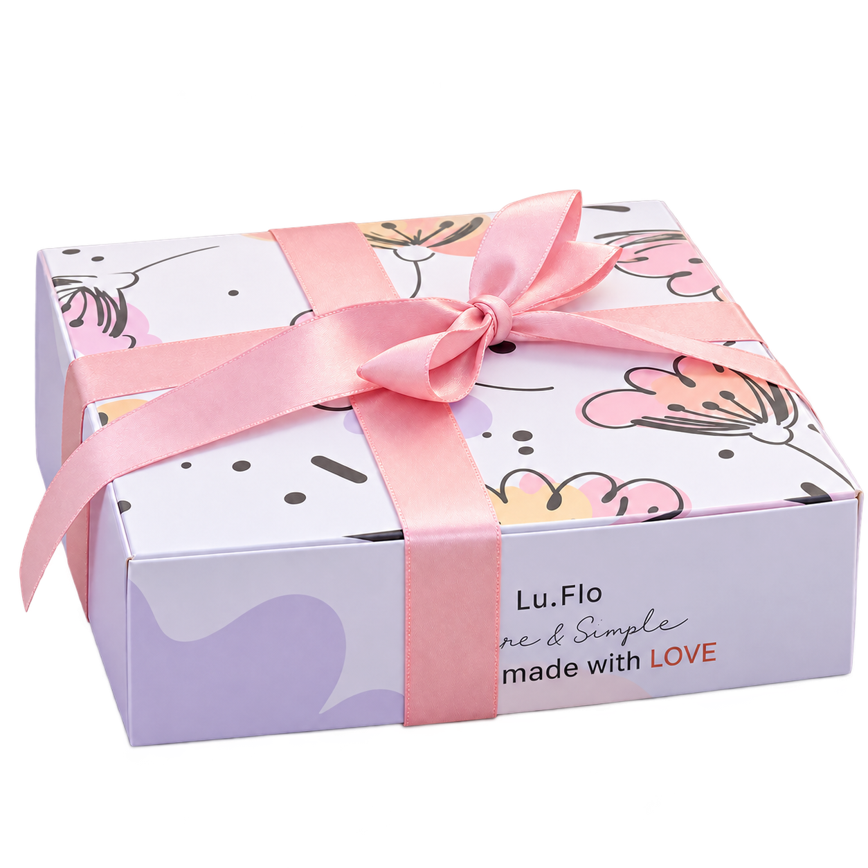 Large pink Lu.Flo gift box with a pink satin ribbon