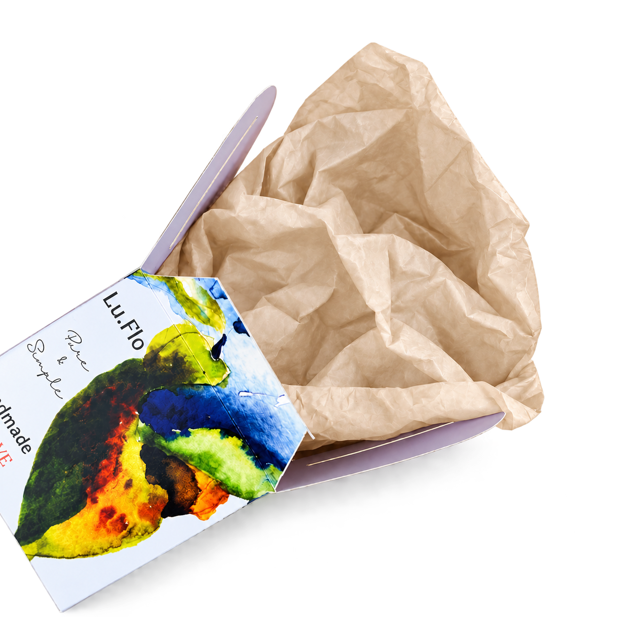 Open small Lu.Flo gift box with ivory tissue paper